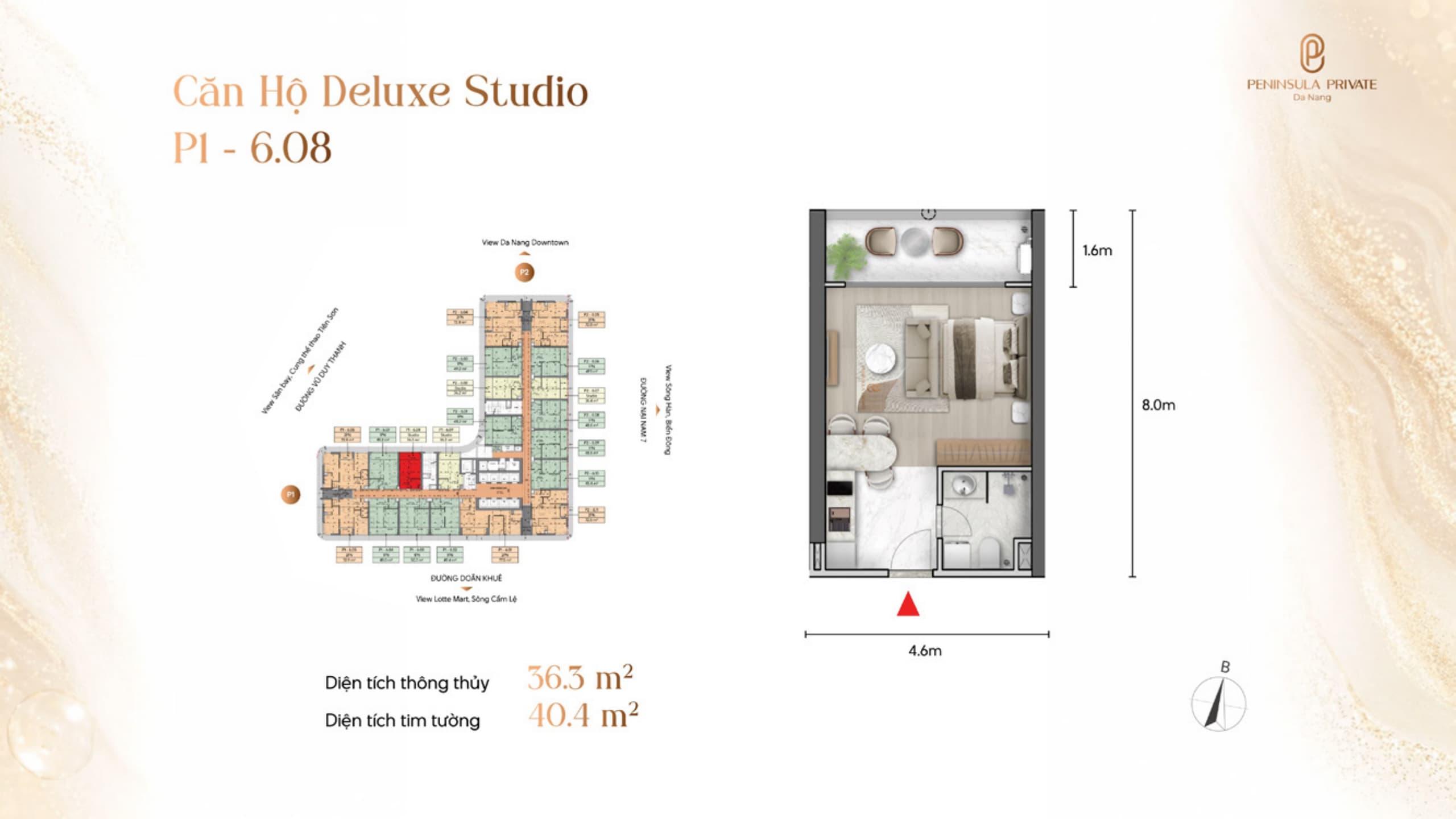 Mặt bằng căn hộ Deluxe Studio Studio diện tích 36,3 m² thông thủy tại Peninsula Private Đà Nẵng